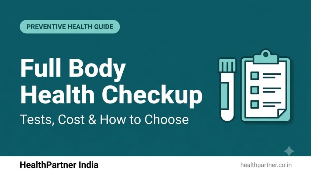 Doctor reviewing full body health checkup report with patient alongside icons for blood test, heart, kidney and checklist