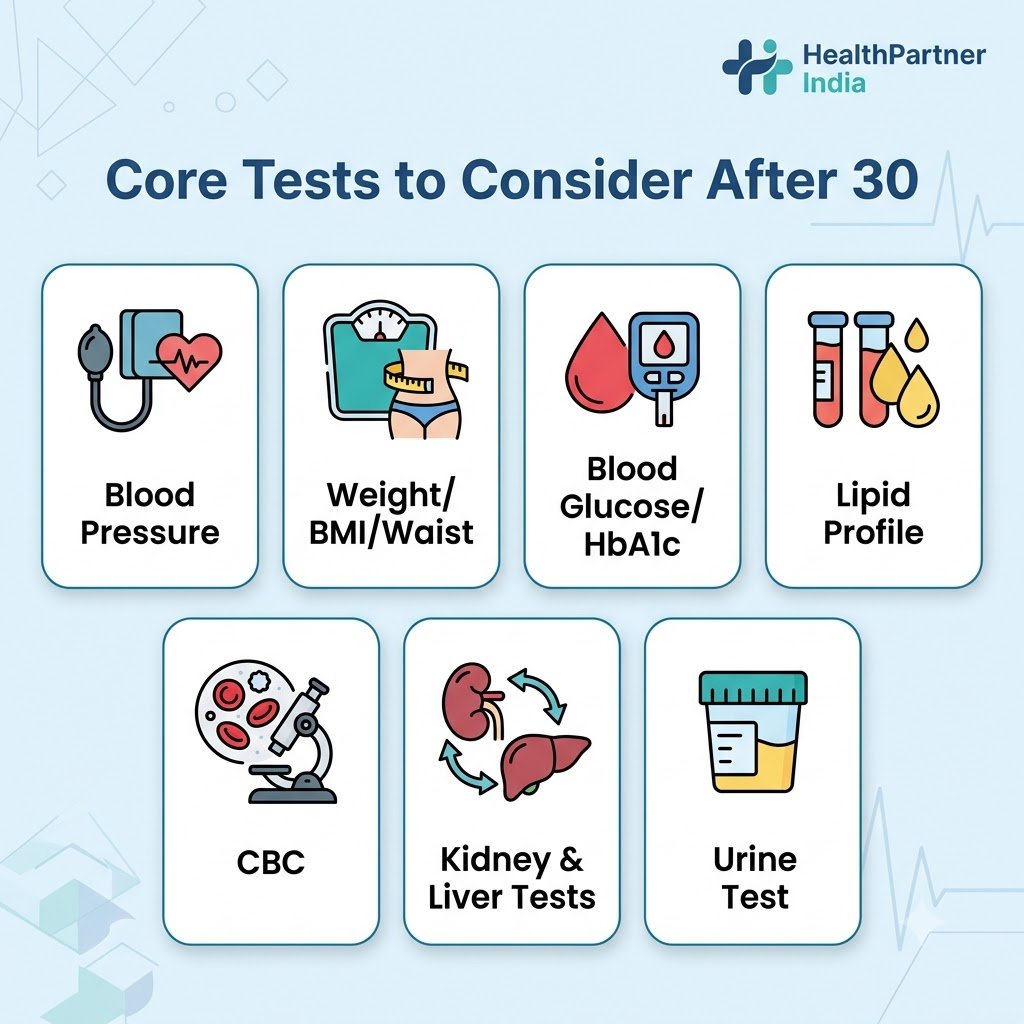 Infographic grid listing core health checkup tests to consider after 30 including blood pressure, blood sugar and lipid profile
