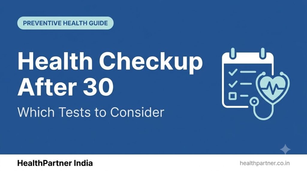 Health checkup after 30 banner showing calendar and heart-pulse icons on a navy background