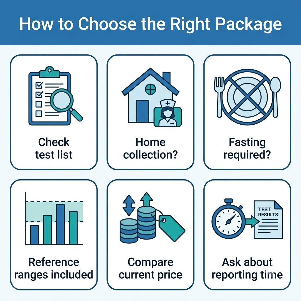 Infographic checklist showing six factors to compare when choosing a full body health checkup package