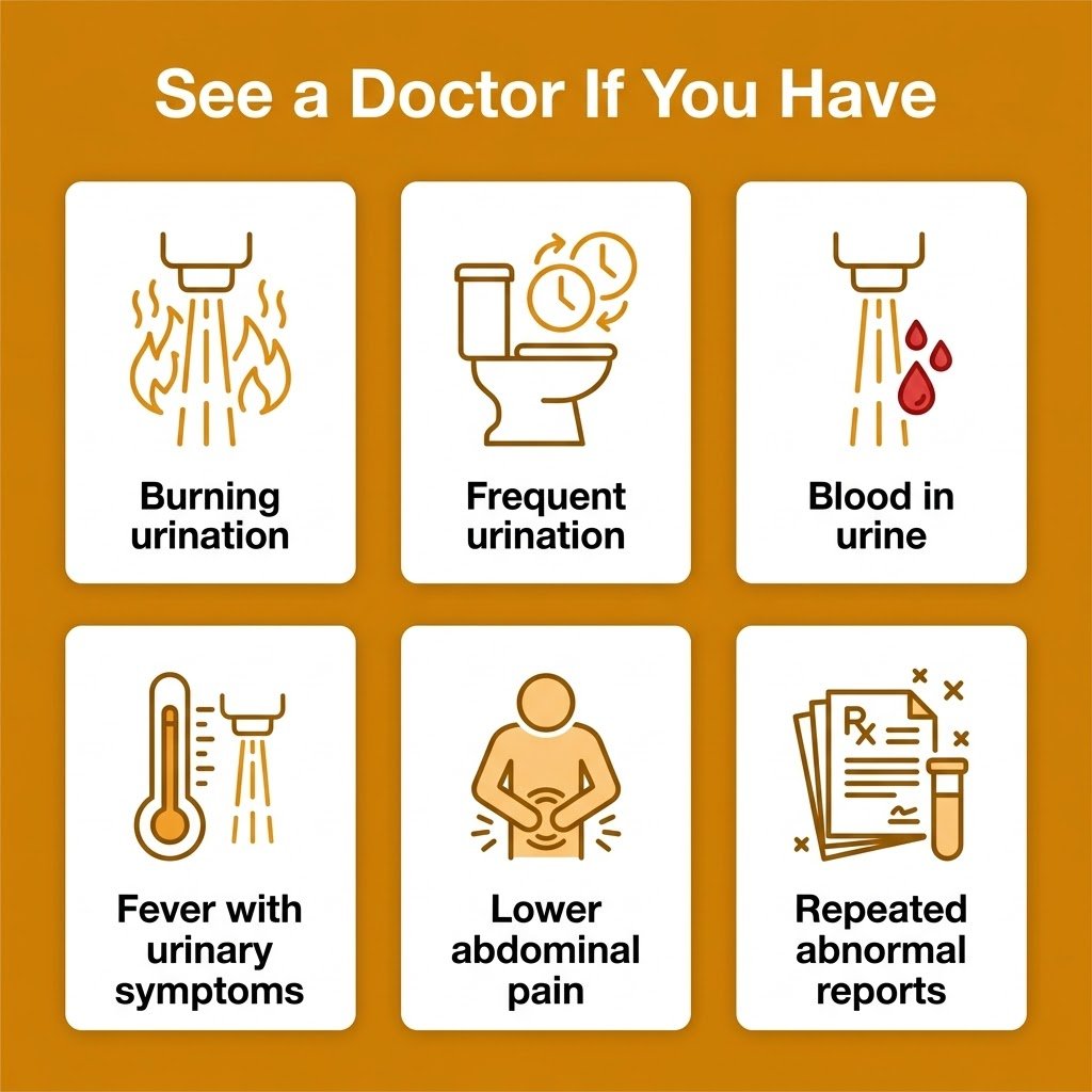 Urine Routine Test: Normal Range, Pus Cells & How to Read Your Report Annotated diagram showing how to read the physical, chemical and microscopic sections of a urine report