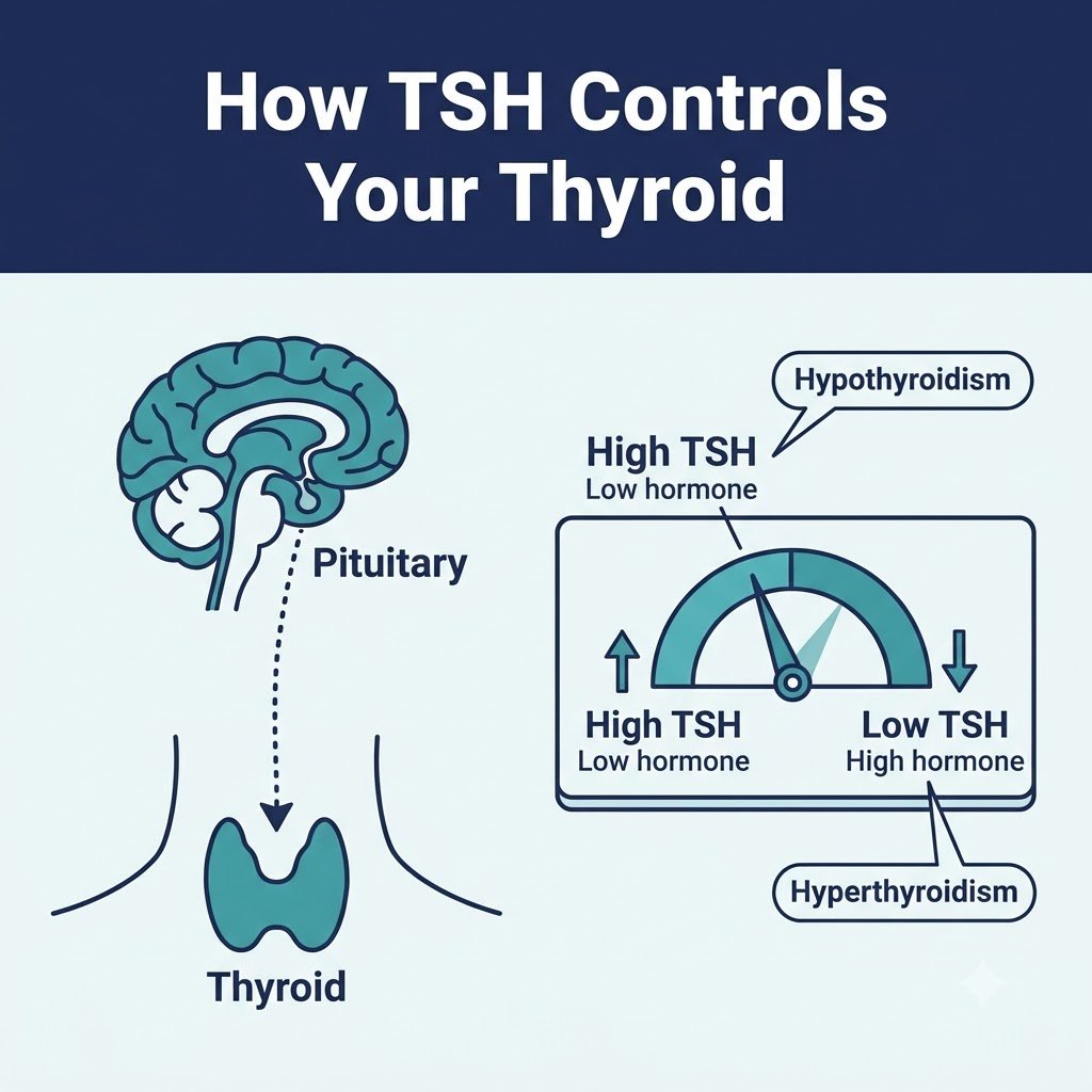 Diagram illustrating how TSH regulates thyroid hormone levels between hypothyroidism and hyperthyroidism
