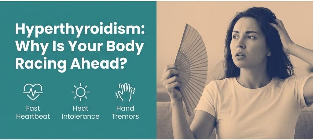Split-panel graphic explaining hypothyroidism symptoms including fatigue, cold intolerance, and weight gain