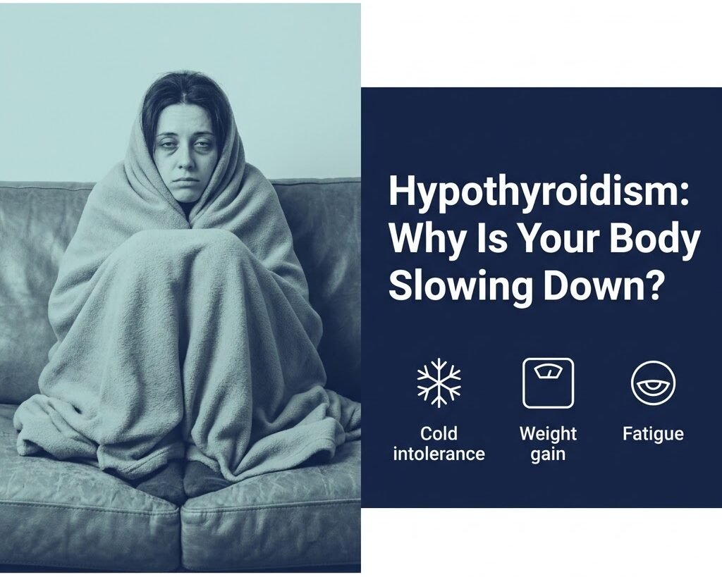 Split-panel graphic explaining hyperthyroidism symptoms including rapid heartbeat, heat intolerance, and tremors