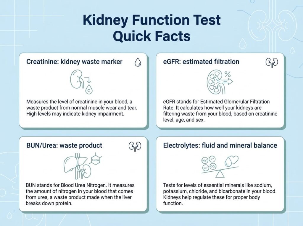 Kidney Function Test (KFT): Normal Range, Cost & How to Read Your Report Kidney function test quick facts showing creatinine eGFR BUN and electrolytes
