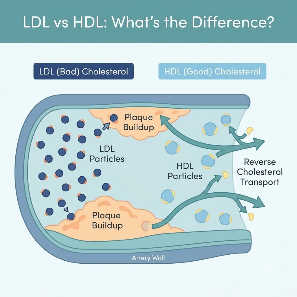 LDL and HDL cholesterol comparison showing artery plaque and cholesterol transport