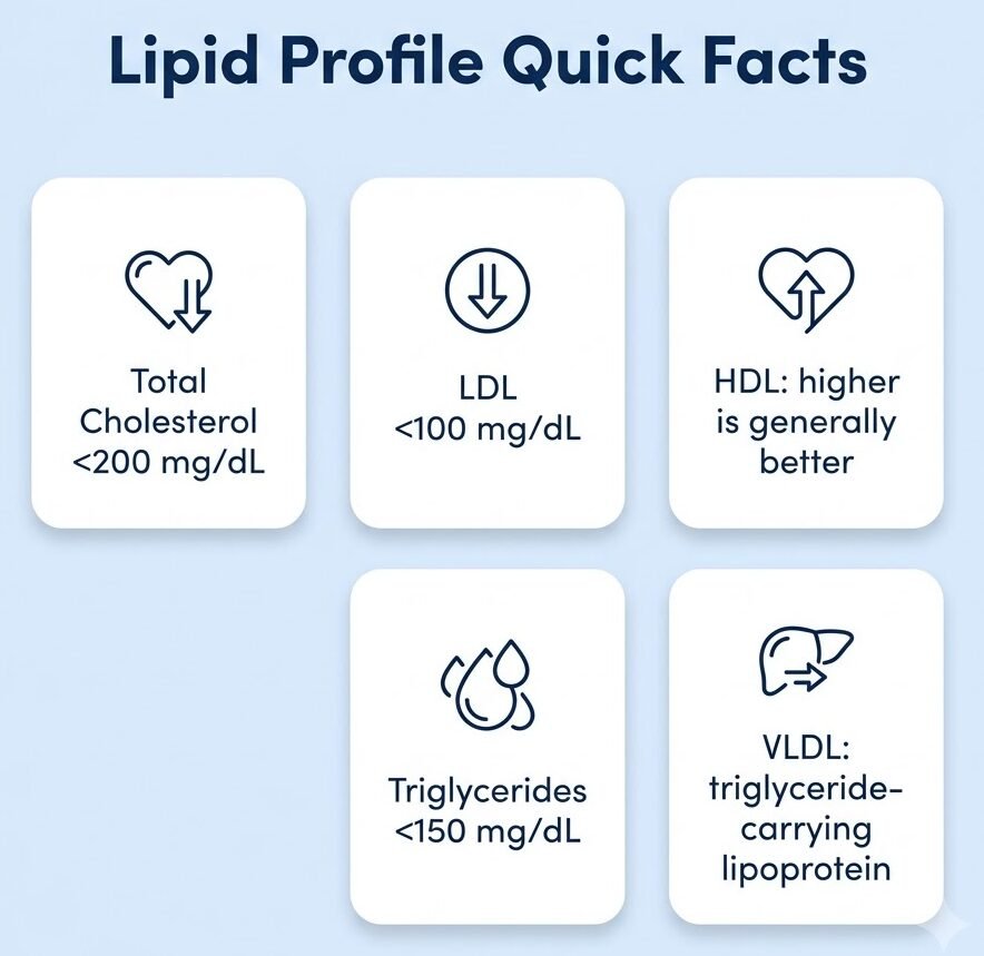 Lipid profile quick facts showing total cholesterol LDL HDL triglyceride and VLDL information