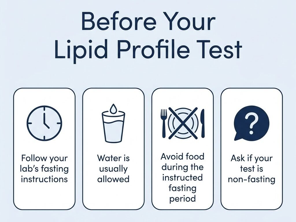Lipid profile test preparation and fasting guidance before a cholesterol blood test
