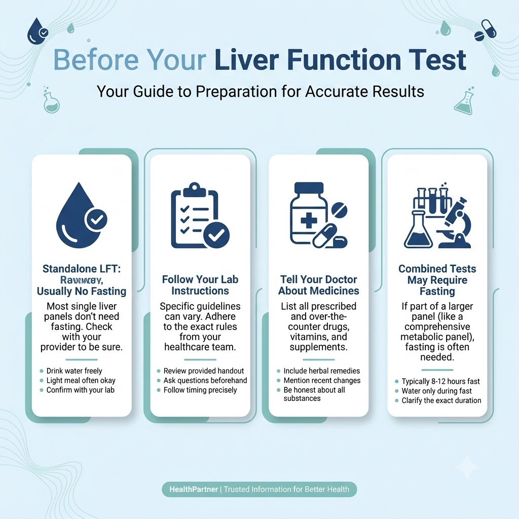 Liver function test preparation guide showing fasting and laboratory instructions