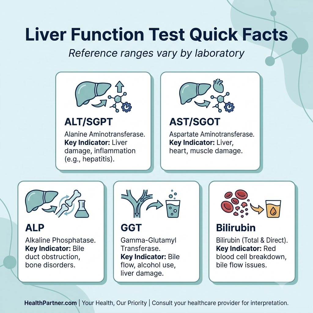 Liver function test quick facts showing ALT SGPT AST SGOT ALP GGT and bilirubin