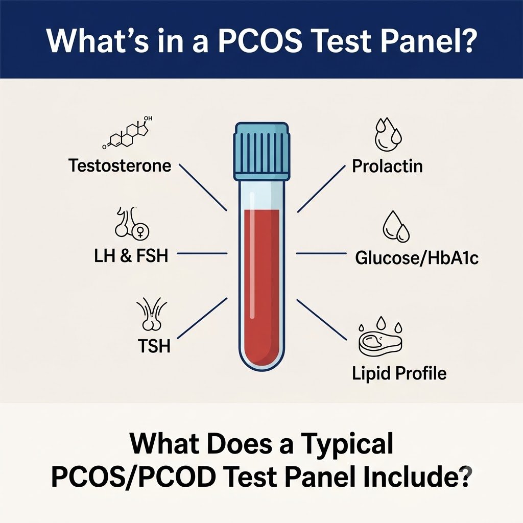 Breakdown of hormone and blood tests included in a PCOS test panel