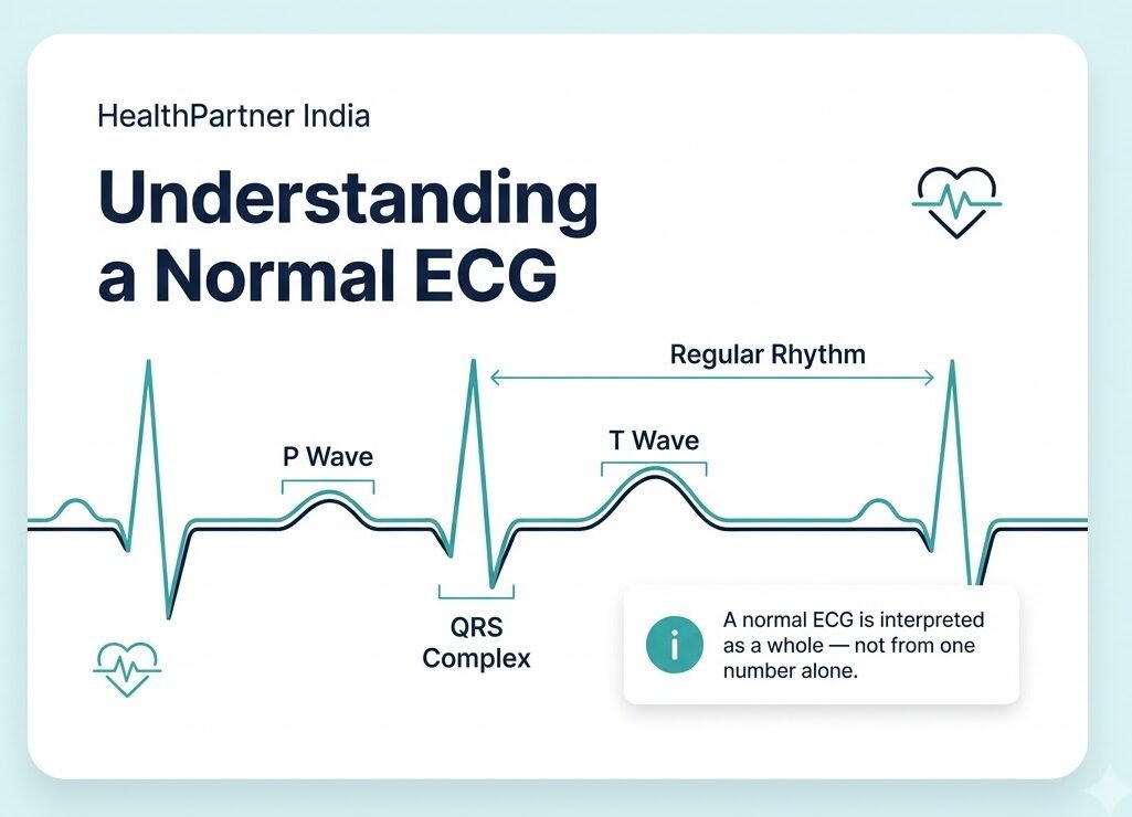 Simplified ECG waveform showing P wave, QRS complex, T wave and regular rhythm