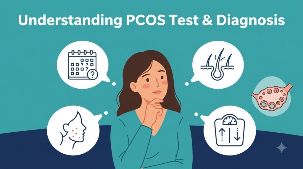 PCOS test and diagnosis illustration showing common symptoms