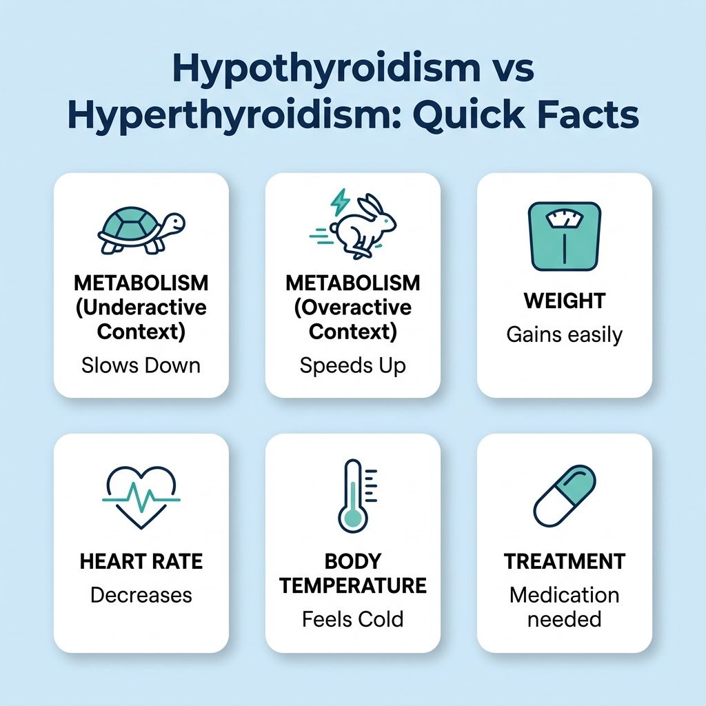 Infographic comparing hypothyroidism and hyperthyroidism quick facts including metabolism, weight, heart rate, and treatment