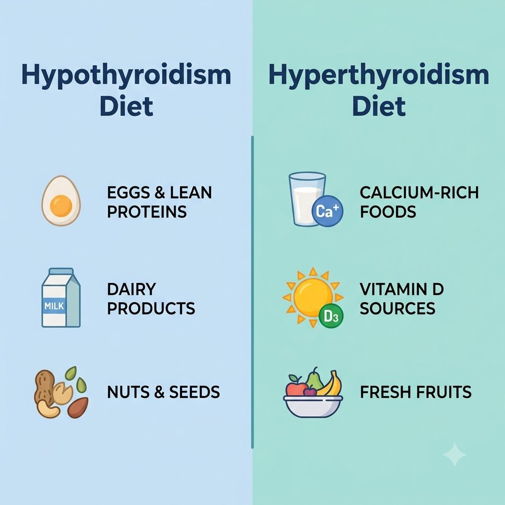 Infographic comparing recommended diet foods for hypothyroidism and hyperthyroidism
