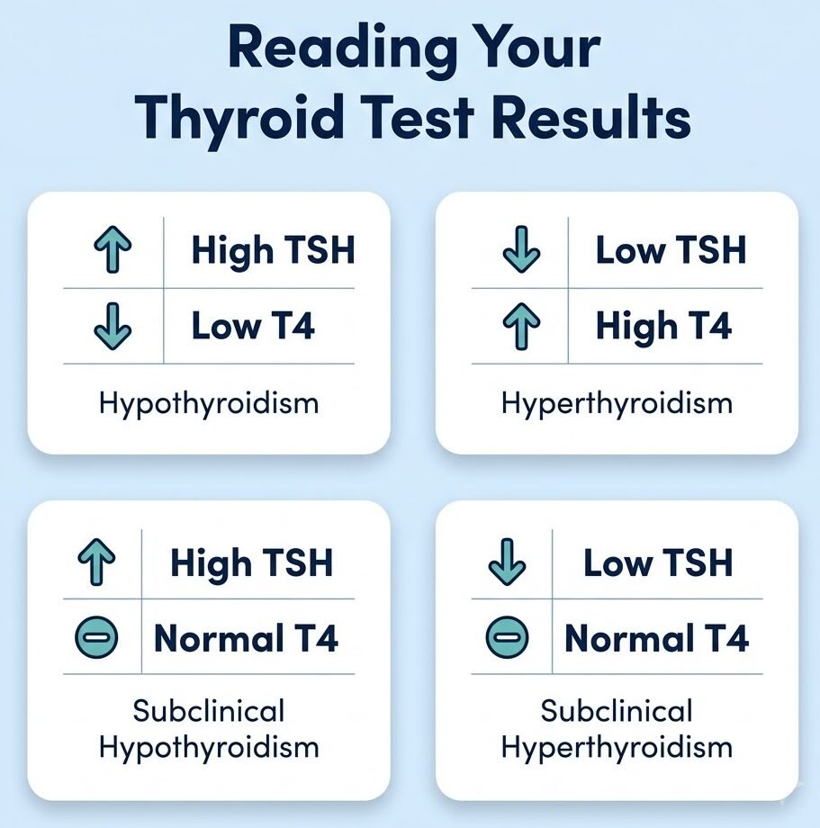Infographic showing how to interpret TSH, T3, and T4 thyroid test results