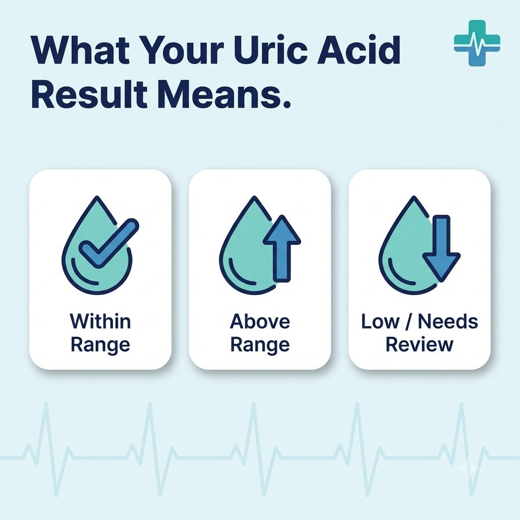 Uric Acid Test: Normal Range, High Uric Acid, Symptoms & What to Do Uric acid test result meaning chart — within range, above range, low