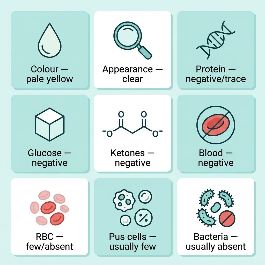 Urine Routine Test: Normal Range, Pus Cells & How to Read Your Report Infographic chart showing common normal findings in a urine routine test report