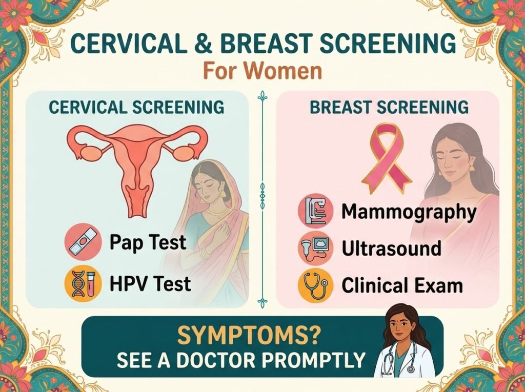 Cervical and breast screening infographic comparing screening tests and symptom-based evaluation for women