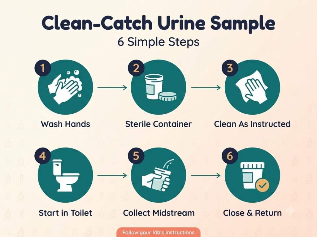 Step-by-step clean-catch midstream urine sample collection infographic with six steps