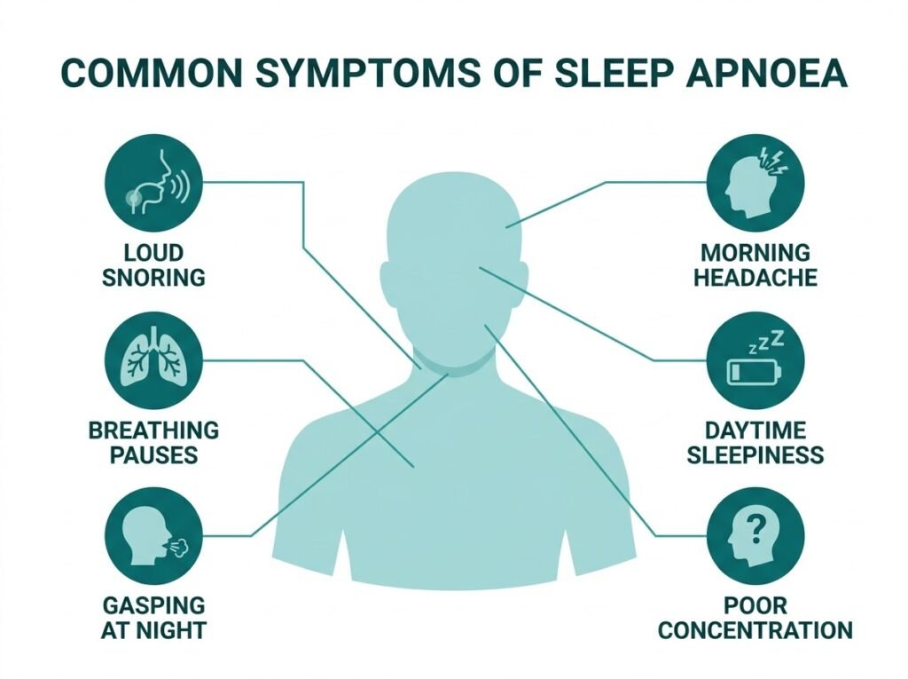 Infographic showing common sleep apnoea symptoms including loud snoring, breathing pauses, gasping, morning headache and daytime sleepiness