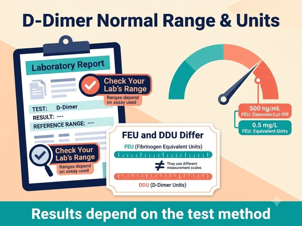 D-Dimer Test: Meaning, Normal Range and High Results D-dimer normal range infographic explaining FEU and DDU units and laboratory-specific cut-offs.