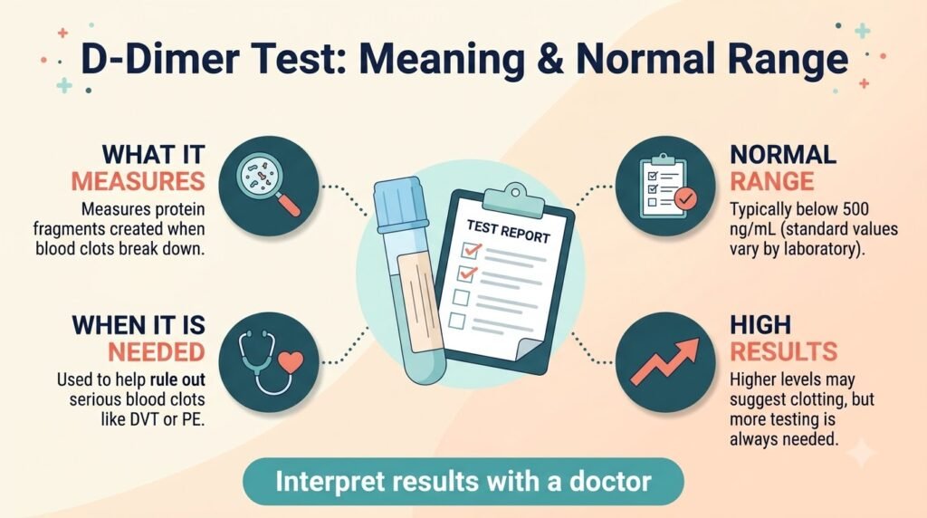 D-dimer test infographic explaining the test meaning, normal range and interpretation.