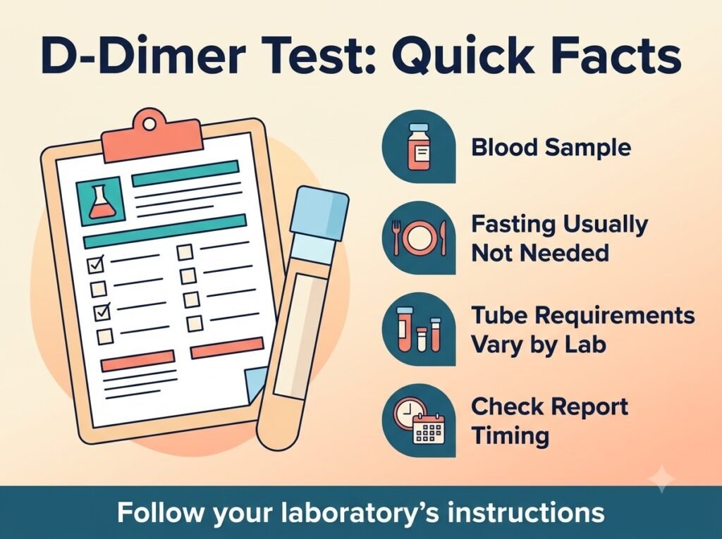 D-Dimer Test: Meaning, Normal Range and High Results D-dimer test preparation infographic showing a sample tube and fasting guidance.