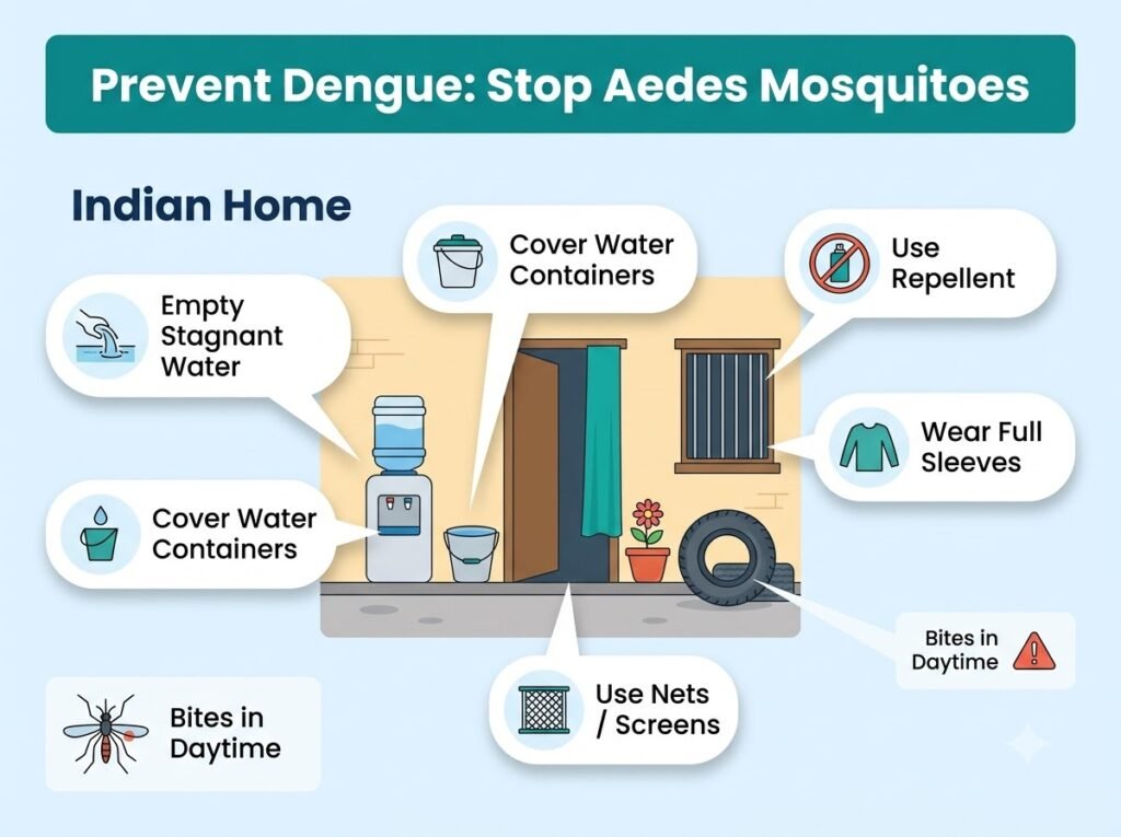 Dengue prevention tips including removing stagnant water using repellent and covering water containers