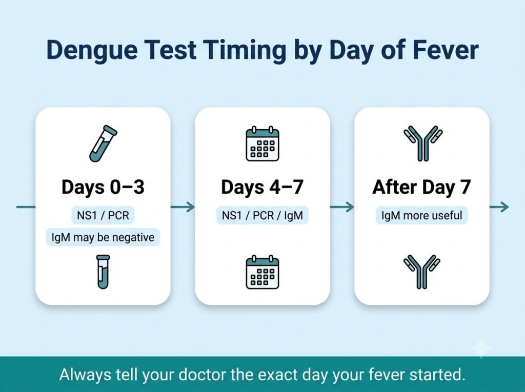 Dengue test timing chart showing NS1 molecular test and IgM by day of fever