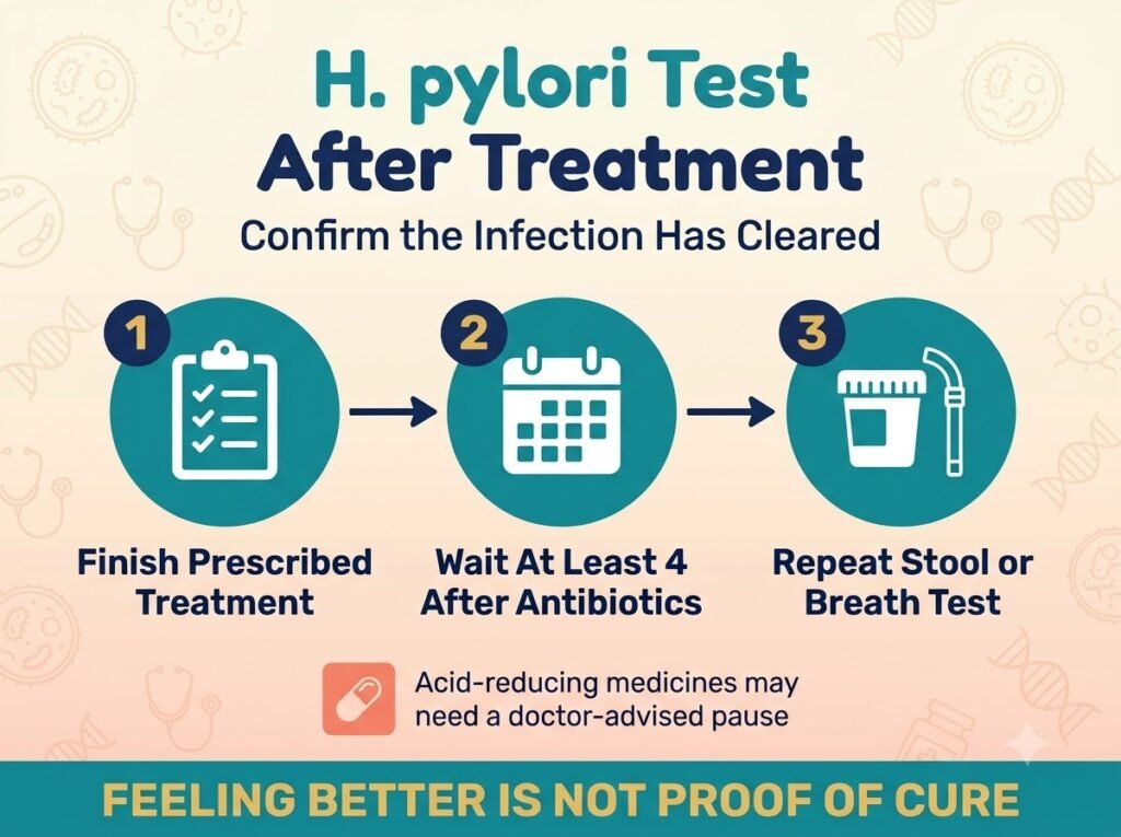 H pylori test after treatment timeline: repeat stool antigen or breath test at least four weeks after antibiotics