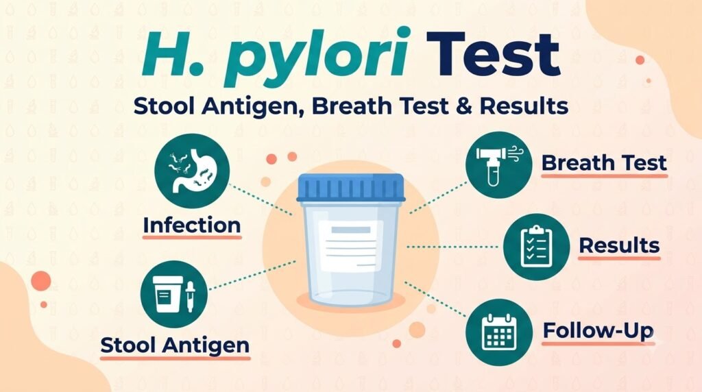 H pylori test guide showing stool antigen test, breath test, results and follow-up