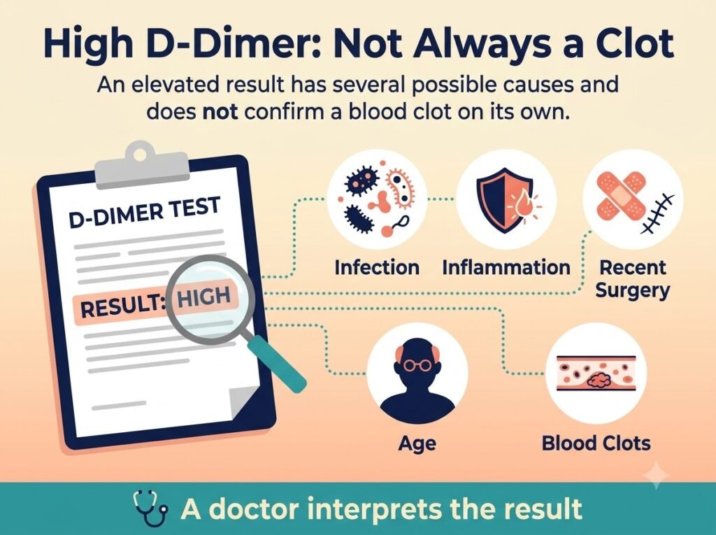 D-Dimer Test: Meaning, Normal Range and High Results Infographic showing that infection, inflammation, surgery, age and blood clots can affect D-dimer levels.