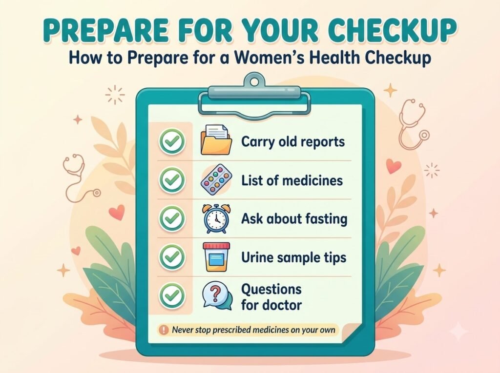 Checklist to prepare for a women’s health checkup: carry reports, fasting instructions, medicine list and questions for the doctor