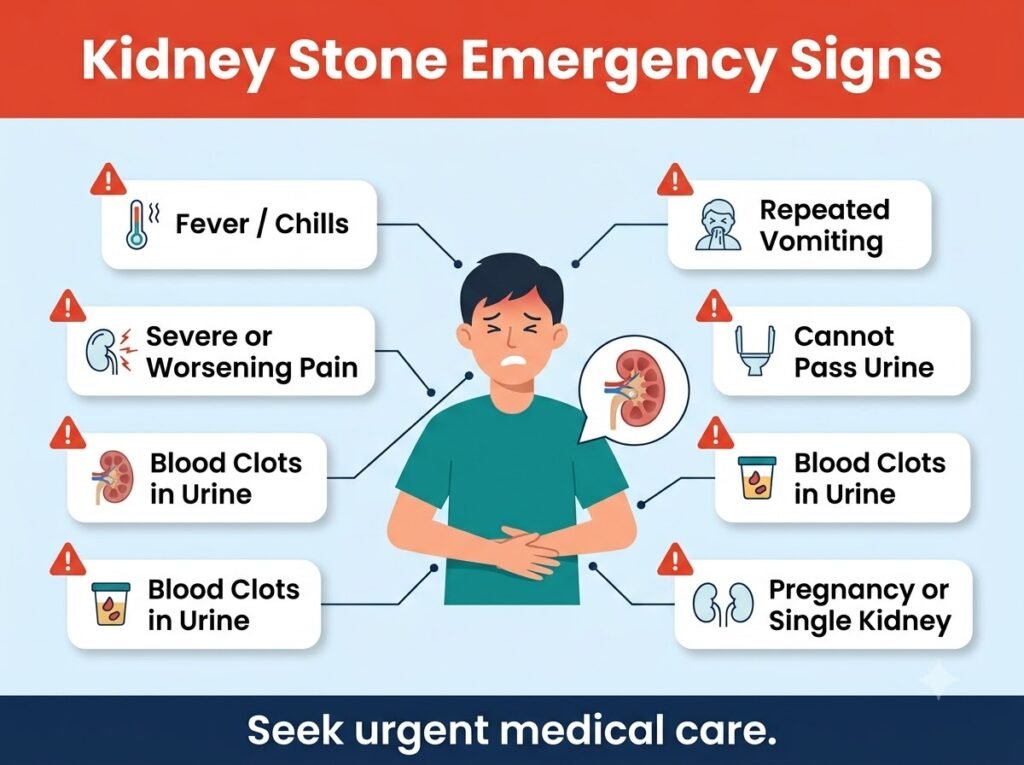 Kidney stone emergency signs including fever severe pain repeated vomiting inability to pass urine and blood clots
