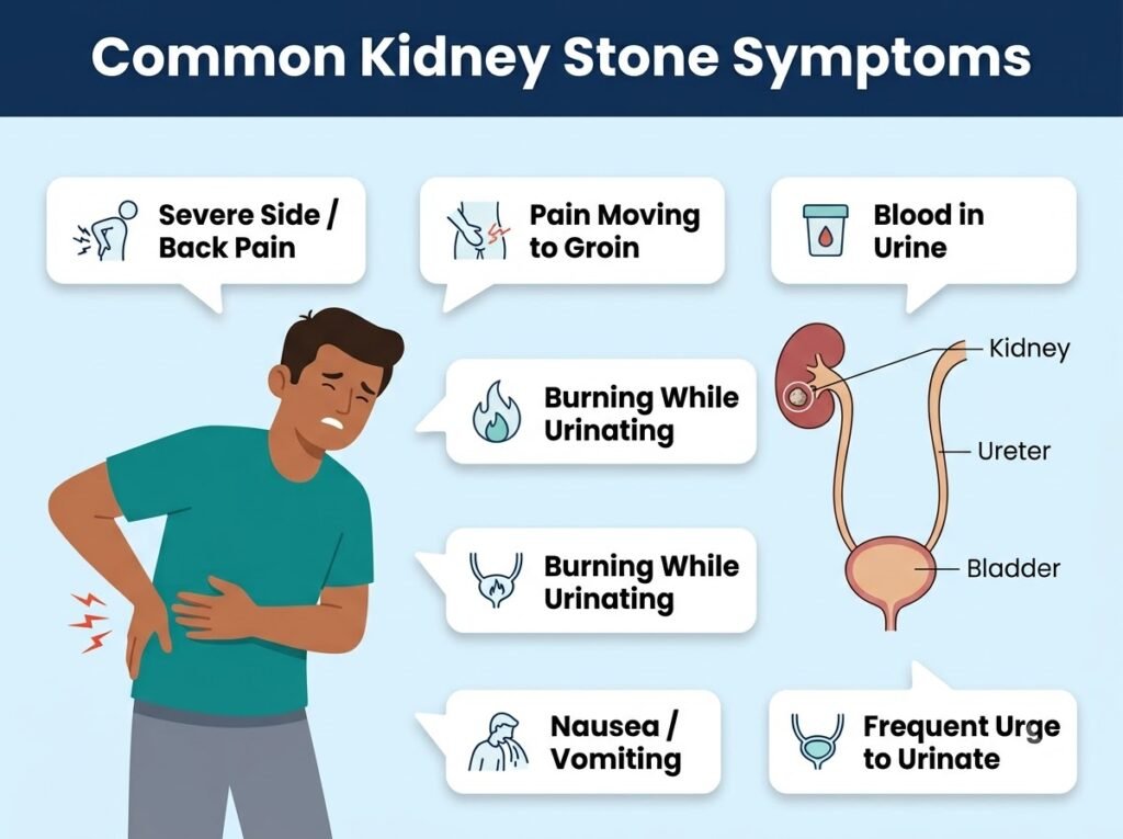 Common kidney stone symptoms including flank pain blood in urine nausea and burning urination