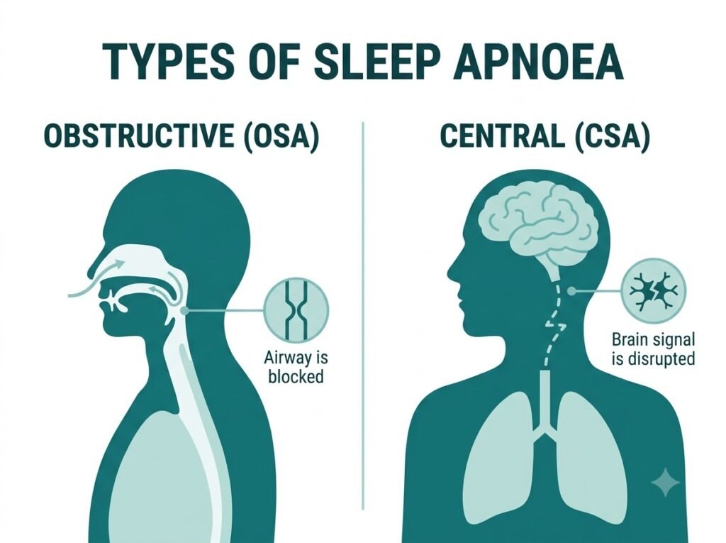 Comparison illustration of obstructive sleep apnoea with a blocked airway and central sleep apnoea with disrupted brain signals