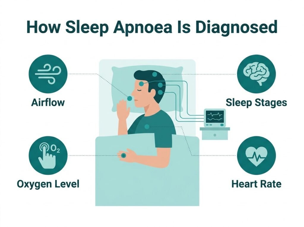 Illustration of a person undergoing a sleep study with sensors measuring airflow, oxygen level, heart rate and sleep stages
