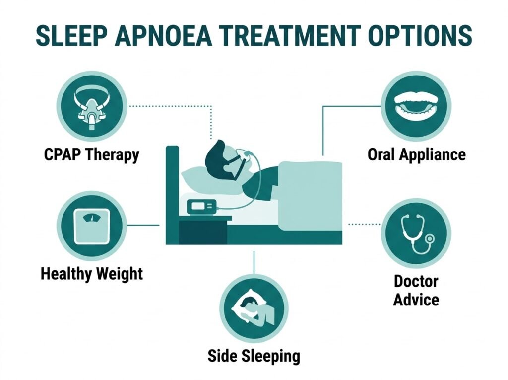 Illustration of sleep apnoea treatment options including CPAP therapy, oral appliance, healthy weight, side sleeping and doctor advice