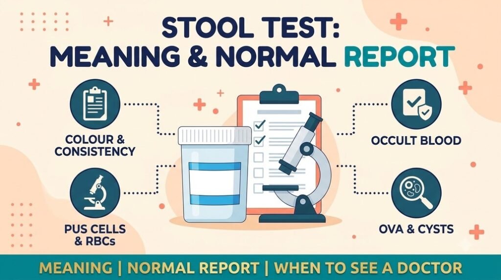 Stool test infographic explaining stool routine test meaning, normal report findings and when to seek medical advice.