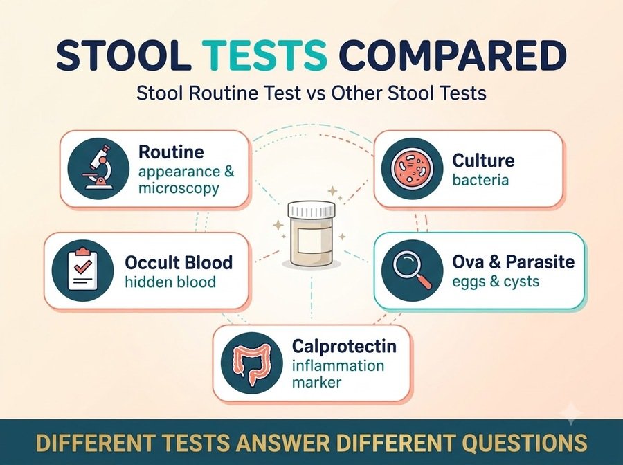 Comparison of stool routine examination, stool culture, occult blood testing, ova and parasite testing, and fecal calprotectin.