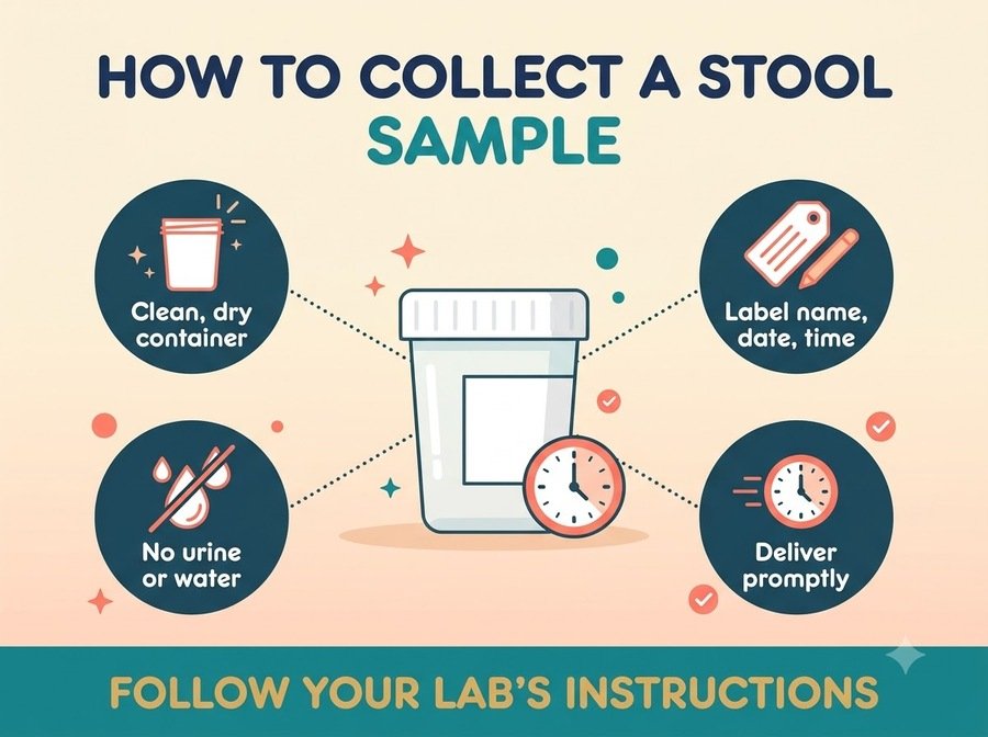 Stool sample collection infographic showing a clean container, correct labelling, avoiding contamination and prompt delivery.