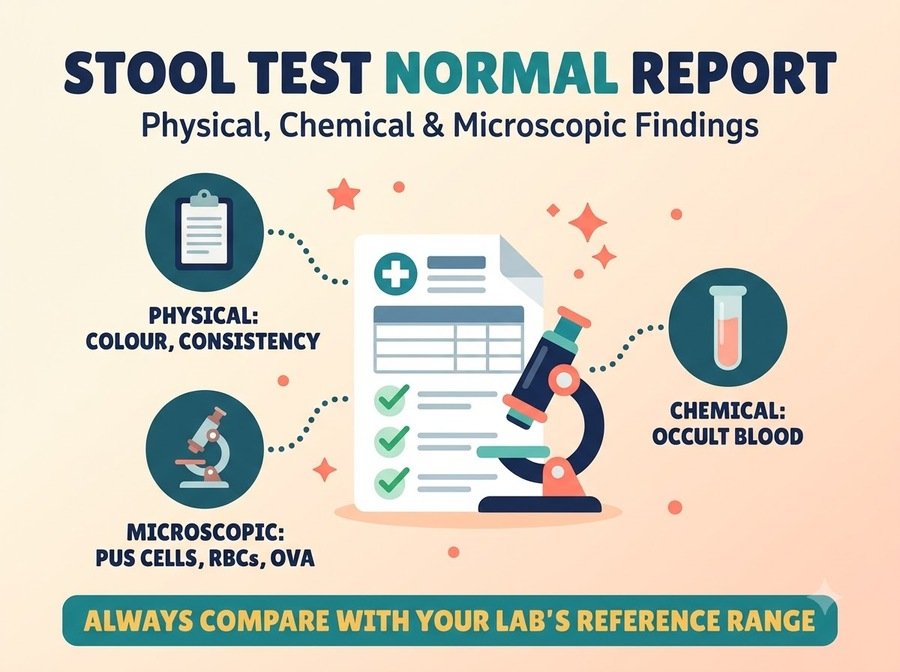 Infographic explaining physical, chemical and microscopic stool test findings and laboratory reference ranges.