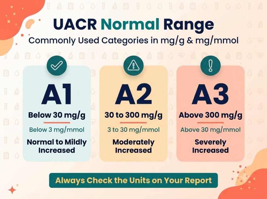UACR Test Normal Range: Results, High Levels & Preparation UACR test normal range chart showing A1, A2 and A3 categories in mg/g and mg/mmol