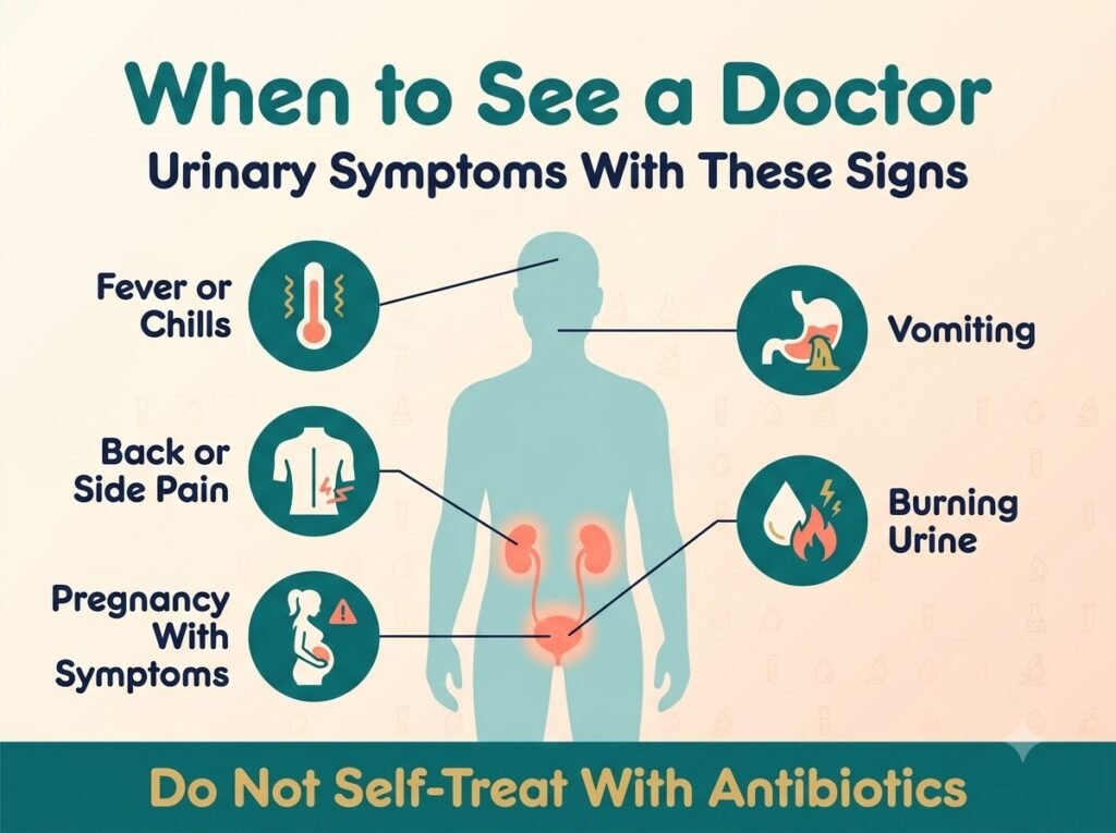 Infographic of warning signs with urinary symptoms: fever, back pain, vomiting, persistent burning and pregnancy