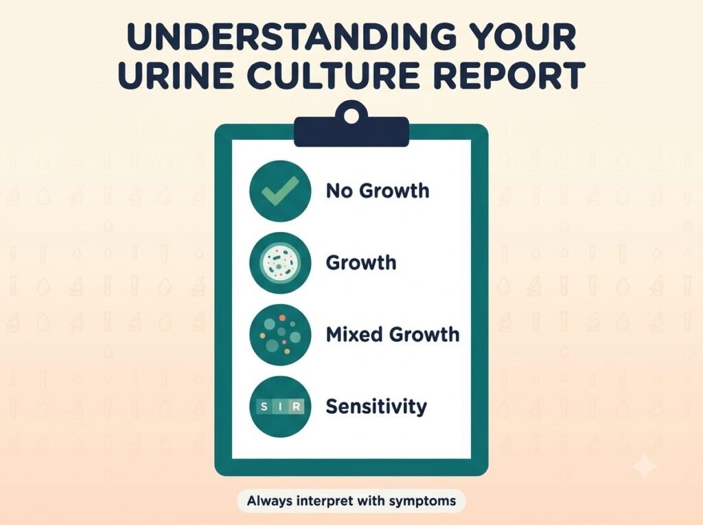 Urine culture report infographic explaining no growth, growth, mixed growth and antibiotic sensitivity results