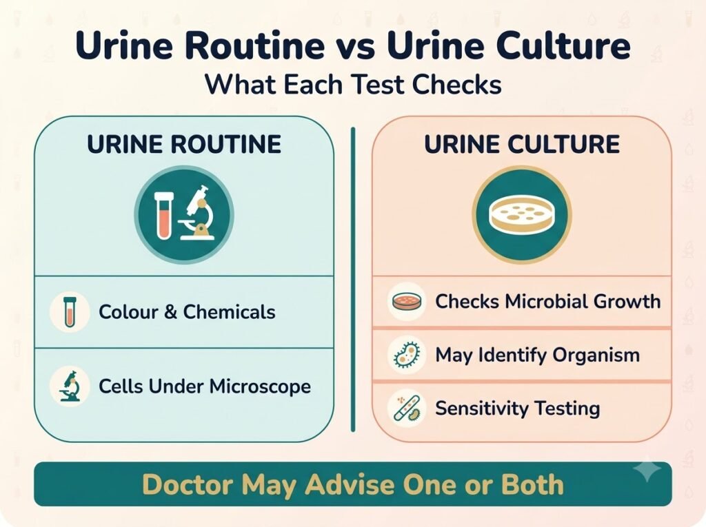 Comparison infographic of urine routine test and urine culture test showing what each test checks