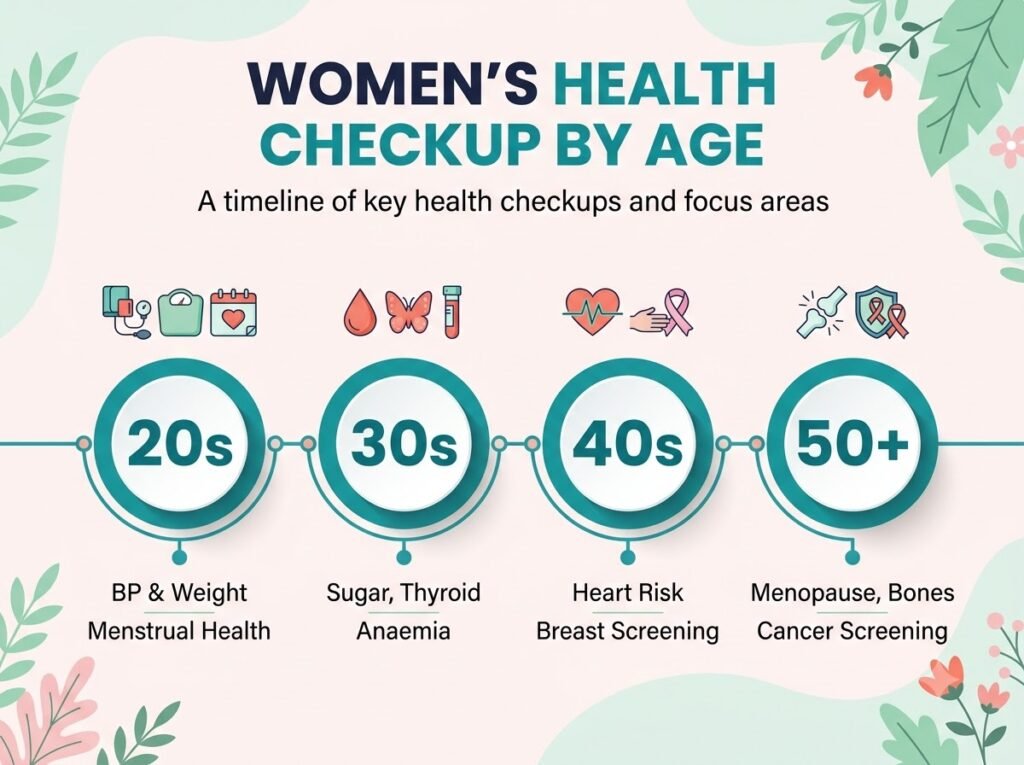 Women’s health checkup by age infographic showing focus areas and tests for the 20s, 30s, 40s and 50s