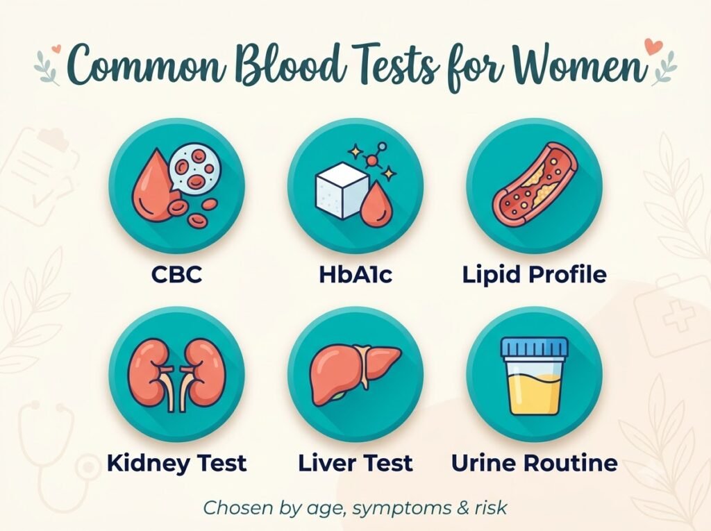 Common blood tests in a women’s health checkup: CBC, HbA1c, lipid profile, kidney function and urine routine